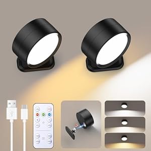 Brightown LED Magnetic Wall Sconce Lights, 2 Pack USB Rechargeable Wall Mounted Lights with Remote, 3 Lighting Colors and Dimmable, 360° Rotation Cordless Wall Mount Lamp for Bedroom, Black