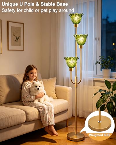 Image of Lightdot 3-Lights Glass Floor Lamp 66IN Modern Gold Dimmable Floor Lamps with 3000K Warm White Bulbs for Wedding Party Tall Standing Lamp with Green Glass Shade for Living Room /Bedroom /Home Decor
