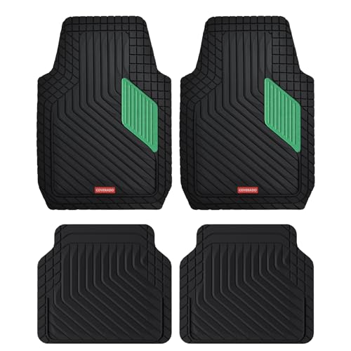 Image of Coverado Car Floor Mats Full Set - Heavy-Duty PVC Floor Mats with Green Metallic Heel Pad, All-Weather Protection for Front & Rear, Non-Slip Backing, Easy-Clean Interior Liners