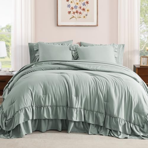 Image of Full Size Comforter Set Sage Green Ruffle 7 Pieces Farmhouse Bed in a Bag | Shabby Chic Fluffy All Season Bedding Sets with Sheets, Pillowcases & Shams