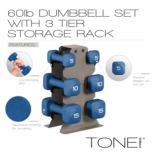 Image of Tone Fitness Neoprene Dumbbell Set with Storage Rack - Non-Slip, Anti-Roll Hand Weights for Home Gym Workouts | 20 lb, 32 lb, 50 lb, 60 lb & 100 lb Options
