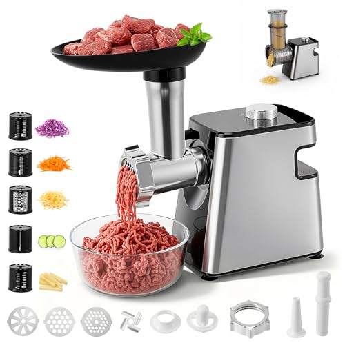 Hachoir à viande électrique 2800W, robot culinaire avec accessoires légumes et râpe fromage, 5-en-1 hachoir avec accessoire saucisses et set boulettes viande pour...