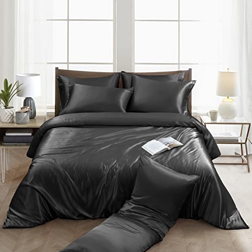 Image of Ersmak 6 Pieces Satin Duvet Cover California King Luxury Silky Bedding Duvet Cover Set with 1 Soft Duvet Cover, 4 King Pillowcases and 1 Body Pillowcase, Black