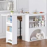 Merax Bartisch Ausziehbarer, Drehbar Thekentisch mit Stauraum, Modern Stehtisch Bistrotisch mit Offene Regale, Haustierbereich, Kücheninsel für Wohnzimmer Esszimmer, Tischplatte mit Marmormuster, Weiß
