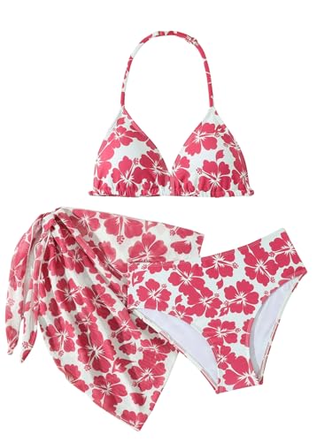Image of SEGT Girl's 3 Piece Striped Bikini Swimwear Cute Swimsuits Bathing Suit High Waisted with Cover Up Beach Skirt