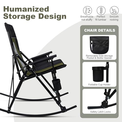 Superrella Folding Rocking Camping Chair Portable Outdoor Rocker with High Mesh Back, Handrail Bars, Carry Bag, Cup Holder, Bottle Opener, Supports 400 lbs, Black&Green by Superrella - Image 7