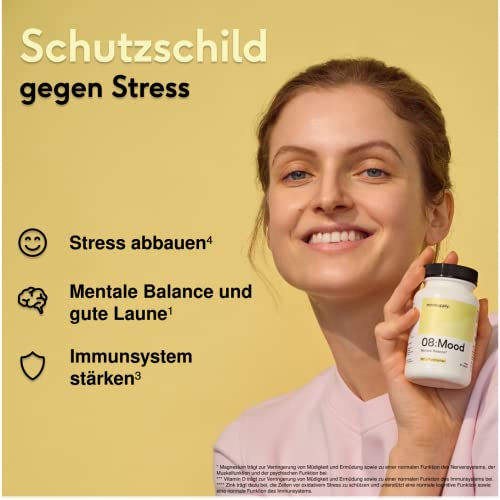 mindsupply® MOOD | 90 Anti-Stress Kapseln | Stimmungsaufheller | Serotonin-Synthese mit L-Tryptophan | Rosenwurzextrakt, Vitamin B12, B6, D & Q10 | Vegane Kapseln gegen Stress & Müdigkeit