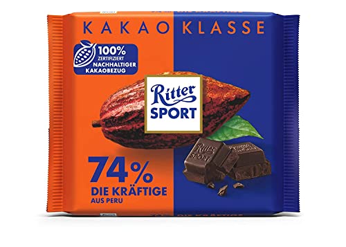Nuevo diseño: RITTER SPORT El potente 74% de Perú 100 g, puro chocolate amargo de cacao de alta calidad, chocolate negro con fuerte sabor a cacao