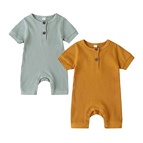 Image of RELABTABY Newborn Baby Boy Girl 2 Pack Romper Unisex Infants Summer Solid Button Onesie Jumpsuit Outfits Clothes