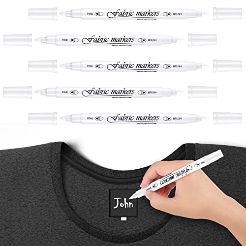 Fabric Markers For Clothes Fabric Paint Markers Permanent Dual Fabric Paint Pens Kit No Bleed DIY Fabric Pens Double Ended Art Markers Pens For Costumes, T Shirt, Clothes, Bags (5 Pack)