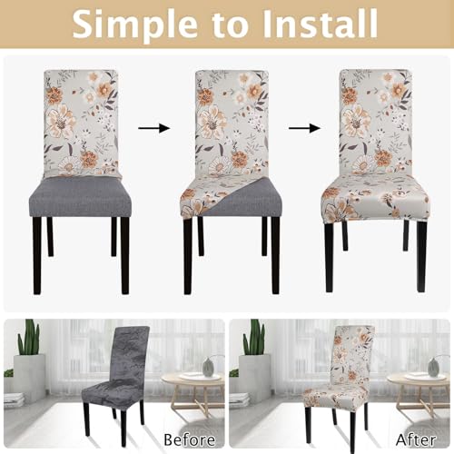 Image of SearchI Printed Dining Room Chair Covers Set of 6, Stretch Kitchen Chair Covers Washable Parsons Chair Slipcover Removable Dining Chair Protectors for Hotel,Ceremony(Brown Floral)