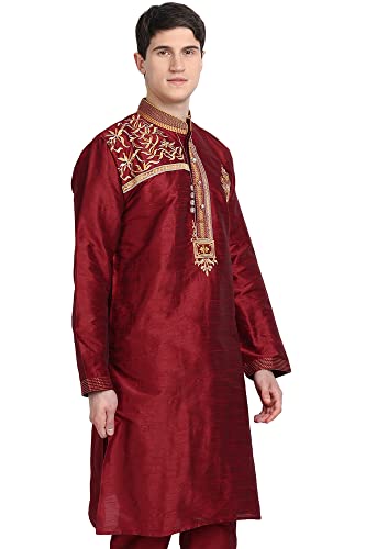Image of Amazon Brand - Anarva Men Art Silk A-Line Kurta Embroidered Long Kurta