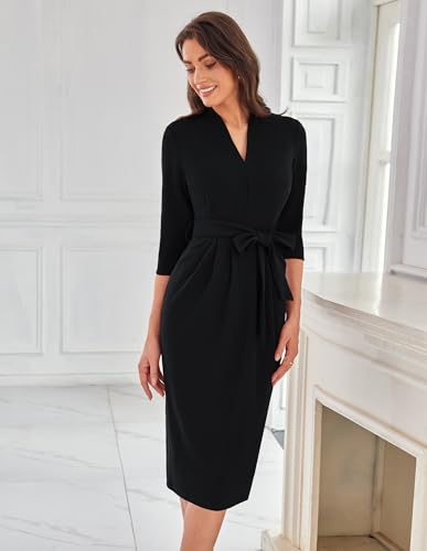 GRACE KARIN Womens Work Dresses V Neck 3/4 Sleeve Back Zipper Tie Waist Bodycon Dress Office Cocktail Dress with Pockets4