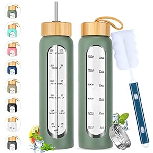 32 oz Glass Water Bottles with Straw – Motivational Glass Water Bottle with Time Marker & Silicone Sleeve – Reusable Glass Tumbler Includes 2 Bamboo Lids & Fruit Infuser – 1 Pack