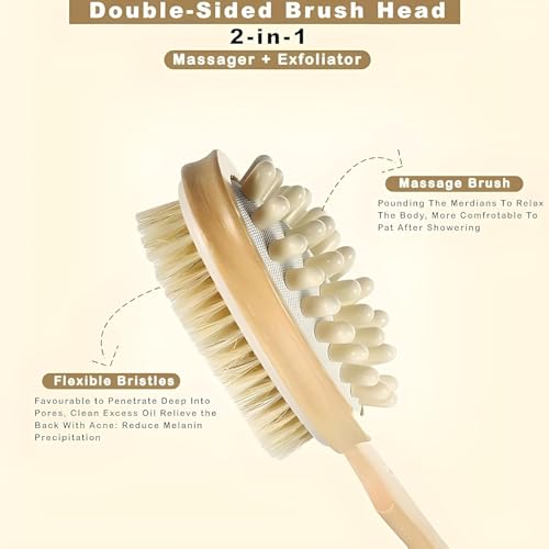 Image of KIMEE 2-in-1 Wooden Bath Brush with Long Handle and Bristles | Dual-Sided Body Brush and Back Scrubber for Shower, Wet and Dry Brushing Exfoliation, Cellulite Care and Cleansing
