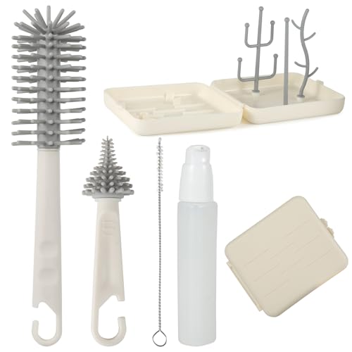 FHISKUNYU Cepillo para biberones portátil – 7 en 1 – Juego de cepillos para biberones con caja de almacenamiento, cepillo de silicona, cepillo para pezones, cepillo de paja, estante de secado y