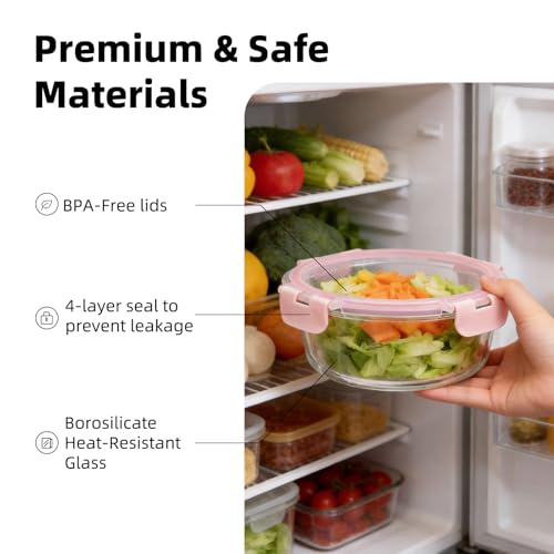 Image of Konokyo Round Glass Food Storage Containers with Lids, 24 Pack Airtight Leakproof Meal Prep Containers, BPA-Free, Microwave Oven Freezer & Dishwasher Safe, Assorted Sizes