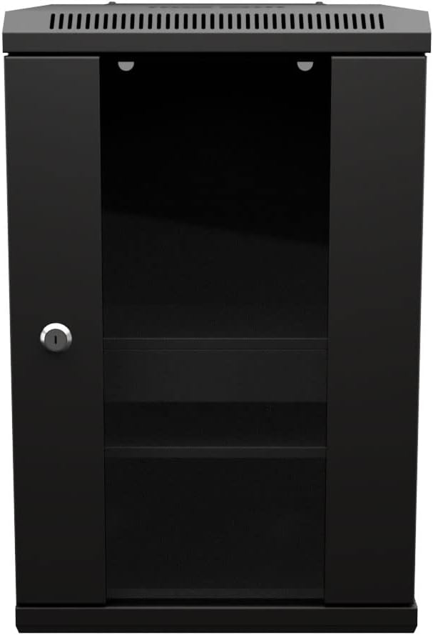NavePoint 9U 10 Inch Network Server Cabinet, 15.75 inch Deep, Glass Door, Black, Wall Mountable, 2 x Shelves, 1 x Blank Panel