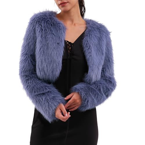 Amazhiyu Womens Faux Fur Cropped Coat Open Front Long Sleeve Winter Jacket Violet Blue, Medium