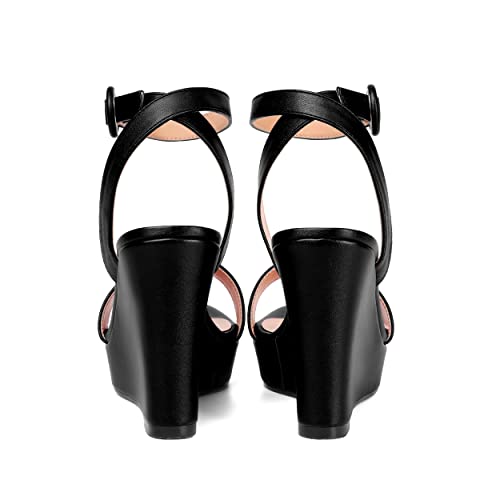 SHOWFOREST Womens Ankle Strap Solid Party Sexy Open Toe Matte Round Toe Buckle Wedge High Heel Heeled Sandals 4 Inch4