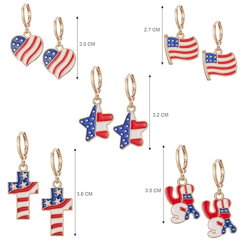 Sylph 4th of July Independence Day Huggie Earrings Set for Women, American Flag/Star/Cross/Heart/USA Red Blue White Dangle Drop Earring, Hypoallergenic Patriotic Jewelry Gift — view 4