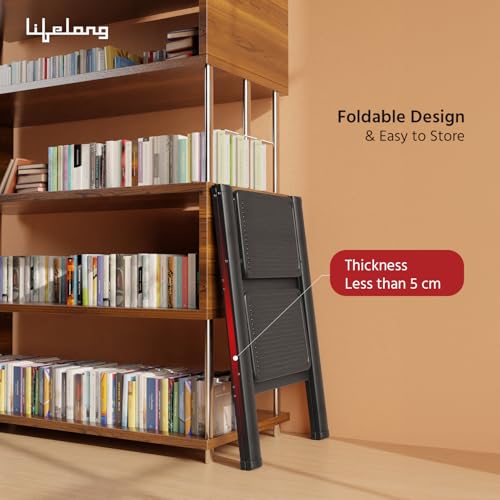 Image of Lifelong 2 Steps Steel Ladder for Home, Foldable & Portable Stairs, Versatile Use for Kitchen, Bathroom & Office Foot Stool - Multipurpose Two Step Stool with 150 Kg Capacity (LLSLS02, Black)