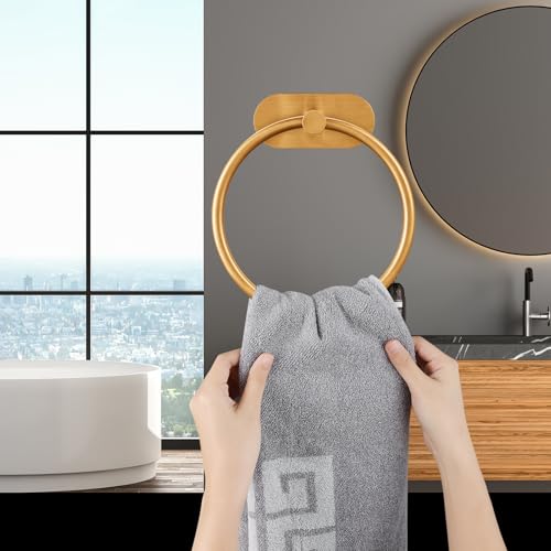 Self-Adhesive Towel Ring for Bathroom, No Drilling Stainless Steel Rustproof Hand Towel Holder, Wall Mounted Bathroom & Kitchen Towel Hanger with Strong Adhesive, Modern Bath Organizer Brushed Gold by Kinbrace - Image 2