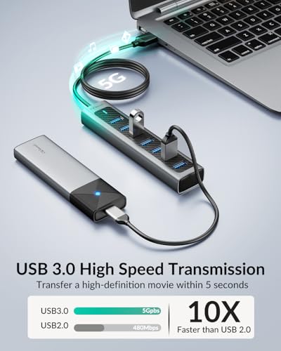 GM7U USB Hub 3.0 7 Porte, Cavo Lungo 1 M, Alluminio, Duplicatore USB, Porta USB Multipla per PC, Laptop, Computer Desktop, PS4, PS5, Mac più Vecchi, Unità Flash, Tastiera, Mouse - Hub USB - Immagine 5