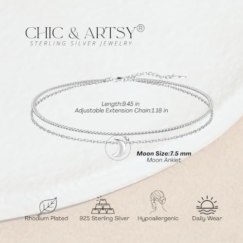 Image of CHIC & ARTSY 925 Sterling Silver Ankle Bracelets for Women, Adjustable Double Layer Chain Anklets, Minimalist Lightweight Foot Jewelry for Beach & Everyday Wear