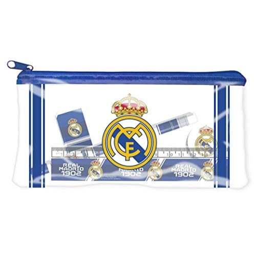 Real Madrid CF - Estuche con Material Escolar Juvenil, Portatodo de Plástico con Cremallera, Color Blanco, Producto Oficial (CyP Brands)