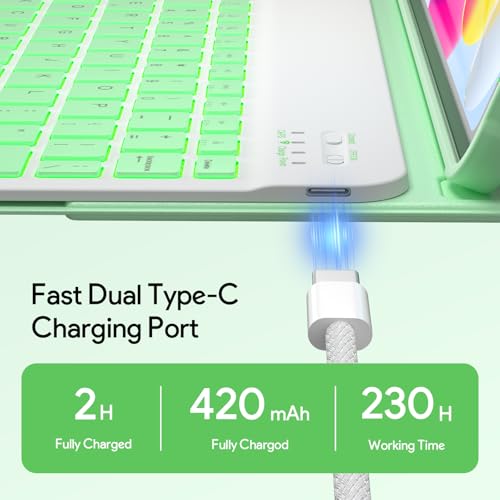 Image of YBING Keyboard Case for iPad 10th Gen 10.9 inch(2022) & 11th Gen(A16, 2025), 7-Color Backlit Detachable Keypad & Rotatable Magnetic Case with Pencil Holder (Green)