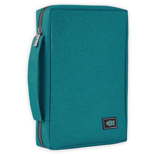 Image of Christian Art Gifts Men /Women's Bible Cover Jesus Fish, Teal Canvas, Small