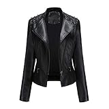 Hiser Kunstlederjacke Damen mit Niet, Herbst und Winter Kurze Jacke Casual PU Lederjacke Bikerjacke mit Reißverschluss und Tasche (Schwarz,L)