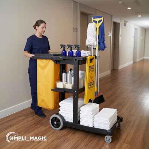 Image of Simpli-Magic Janitorial Cart, 330 lbs Capacity - 3-Shelf Commercial Housekeeping Cleaning Cart on Wheels, 25 Gallon Bag with Lid - Stable, Smooth Movement
