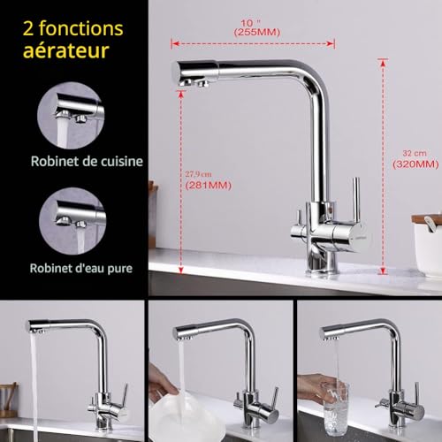 GRIFEMA DOVER-G4003 Rubinetto Cucina 3 Vie per Sistemi Osmosi, Miscelatore Cucina Tre Vie con Beccuccio Girevole a 360 ° (G3/8 Pollici), Cromo - 5