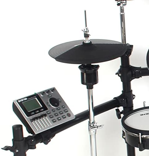 Close-up of the drum module mounted on the rack next to the hi-hat