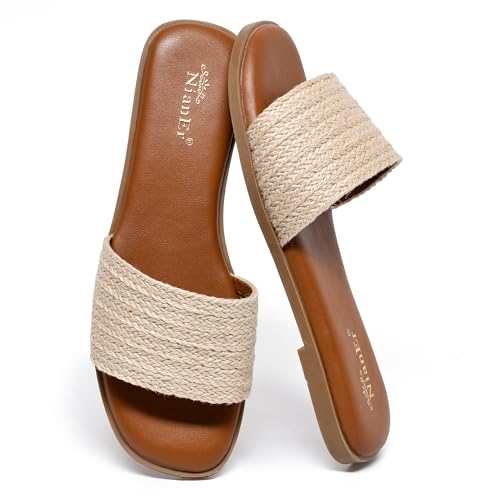 Image of NianEr Womens Microfiber Leather Memory Foam H Sandals Summer Shoes Slides | Flat, Comfortable, Slip On, Dressy, Dress, Beach, Vacation, Designer, Comfy, Casual, Bridal, Church, Boho, Office, Work