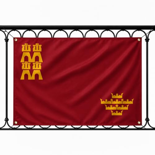 Bandera Murcia 90x150cm, Bandera Murciana con 4 Ojales de Latón, Murcia flag, Banderas de Comunidades para exterior, Material Poliéster, Impresión ambas caras