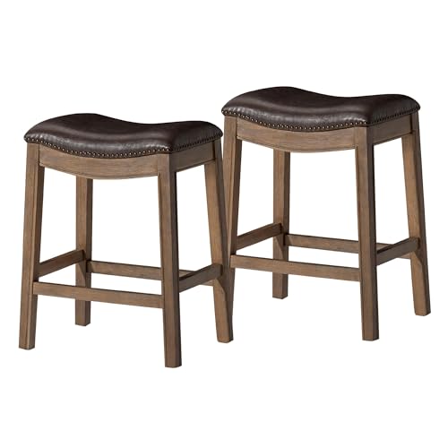 Image of Maven Lane Adrien Backless Counter Stool - Set of 2 - 26 Inches - Saddle Stool with Footrest - Brown Solid Wood Frame & Dark Brown Faux Leather Upholstery - Perfect for Kitchen Islands & Counters