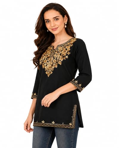Image of Women's Gulnar Pure Cotton Kashmiri Embroidered A-line 3 /4 Cuff Sleeves Kurti | Short Kurta