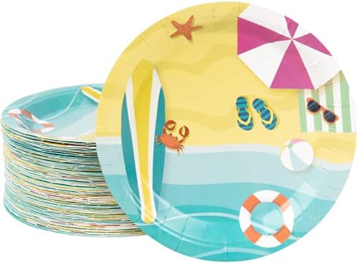 DECORLIFE 80 Count Beach Party Plates, 9 Inch Paper Pool Plates, Heavy Duty and Disposal, for Beach Party Decorations, Summer Party Supplies