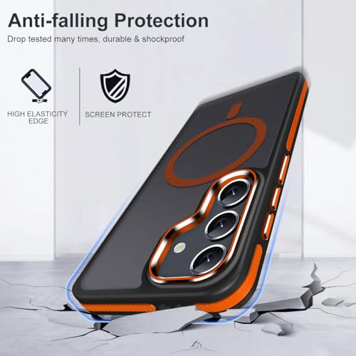Image of MALEWOLF Magnetic for Samsung Galaxy S25 Case, Translucent Matte Texture S25 Cover [Compatible with Mag Accessories] [S Pen Friendly], Anti-Slip Drop Protection Galaxy S25 Phone Case (Black /Orange)