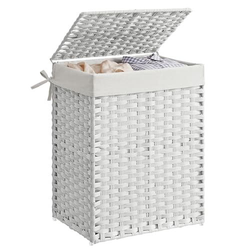 SONGMICS Handwoven Laundry Basket 90L Synthetic Rattan Clothes Hamper with Lid and Handles Foldable Removable Liner Bag White LCB51WT