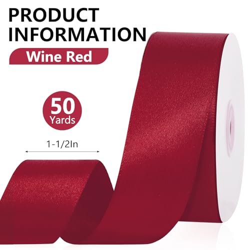 1-1/2 Inches 50 Yards Wine Red Satin Ribbon for Mothers Day Gift Wrapping,Flower Bouquet,Crafts,Wedding,Birthday,Christmas Party Decoration