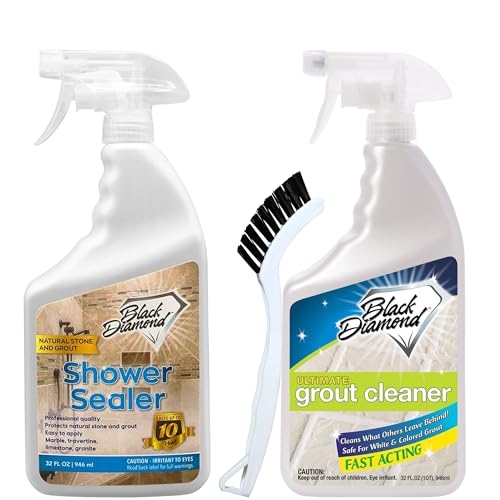 Image of Black Diamond Stoneworks Natural Stone Shower Sealer Quart + Ultimate Grout Cleaner with Brush Quart (2-Pack) - Seals & Protects Showers, Deep Cleans Tile & Grout