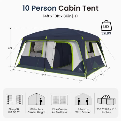 Carpa de Camping ALPHA CAMP para 10 Personas, resistente al clima, con cubierta para lluvia, 4 grandes ventanas de malla, doble capa, 2 compartimentos miniatura 2