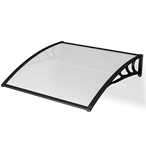 COSTWAY 100 x 100cm Door Awning Canopy, Outdoor Front Window Roof Overhang Awning Exterior, Polycarbonate Patio Rain Shelter Cover (Clear + Black)