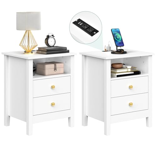 YITAHOME Nightstand with Charging Station, Night Stands with 2 Drawers for Bedroom, Modern Bedside Table End Side Table with USB Ports and Outlets, Set of 2, White White Simplicity-2PC