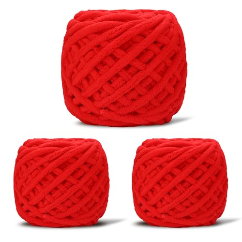 3 Pack Plush Chenille Chunky Yarn for Crocheting 100g(54.6yd) - Bulky Thick Fluffy Yarn for Knitting- Soft Velvet for Baby, Blanket Knitting Blanket Yarns- Amigurumi Yarns (3-Red) by Generic - Used condition - US$8.99