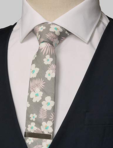 Image of Men's Skinny Tie Floral Cotton Necktie and Tie Bar Clip Sets, Great for Weddings,Groom,Groomsmen